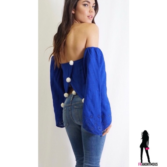Blue Long Sleeve Off Shoulder Top - Picture 2 of 2